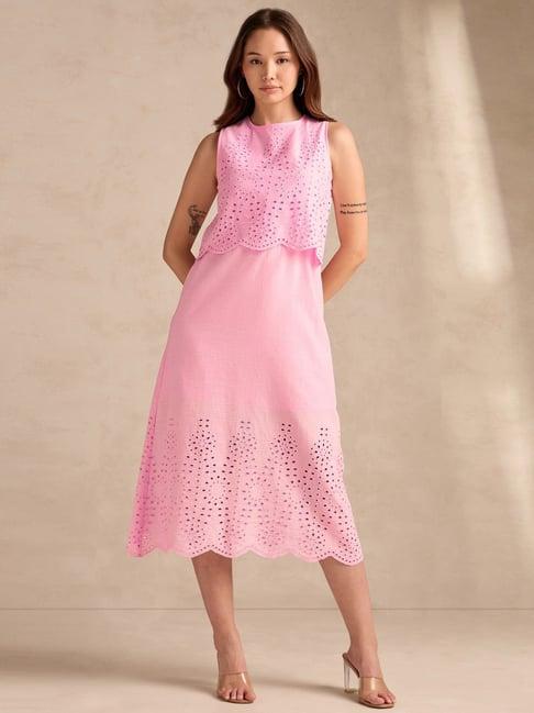 Outzidr Pink Cotton Flared Fit Embroidered Dress