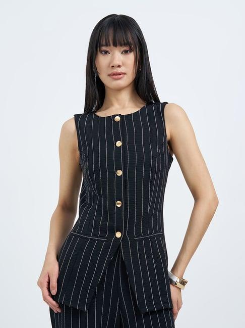 Annabelle By Pantaloons Jet Black Slim Fit Striped Top