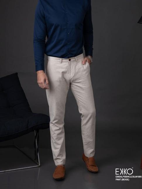 Ekko Beige Cotton Slim Fit Casual Pants