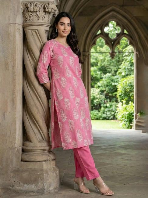 W Pink Printed Straight Kurta