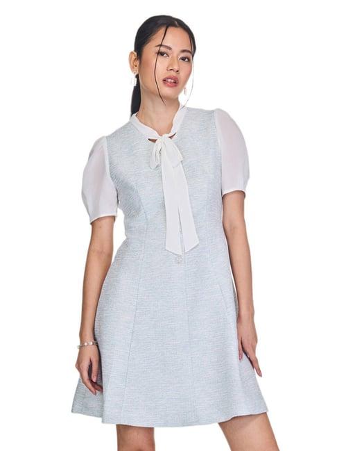 Roem Blue Regular Fit Tweed Mini Dress with Neck Tie