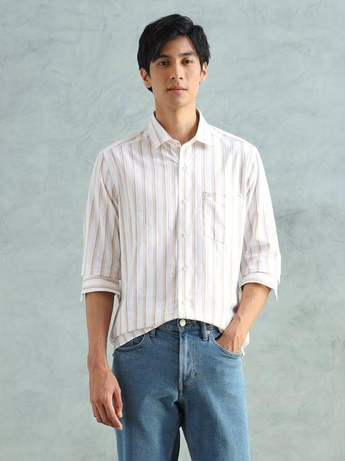 Arrow Off White Cotton Slim Fit Striped Shirt
