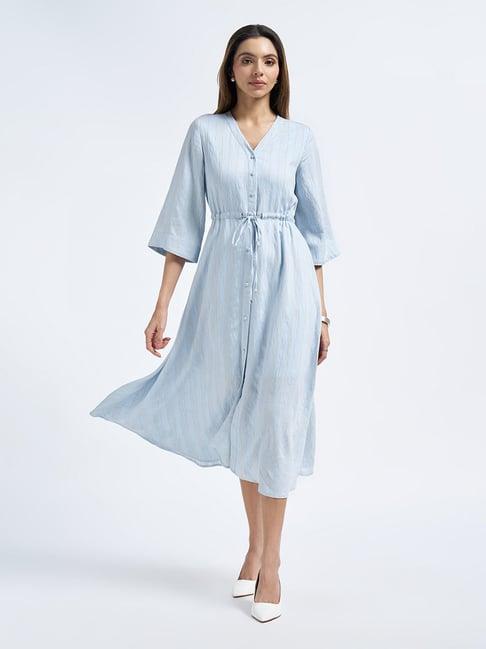 Annabelle By Pantaloons Chambray Blue Linen Regular Fit Striped Dress