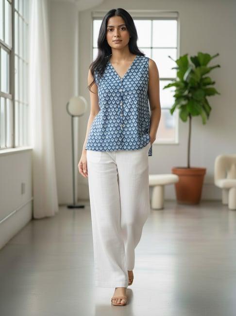 Varanga Blue Cotton Printed Top