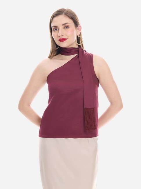 VIRGIO Maroon Cotton Solid Sleeveless Top