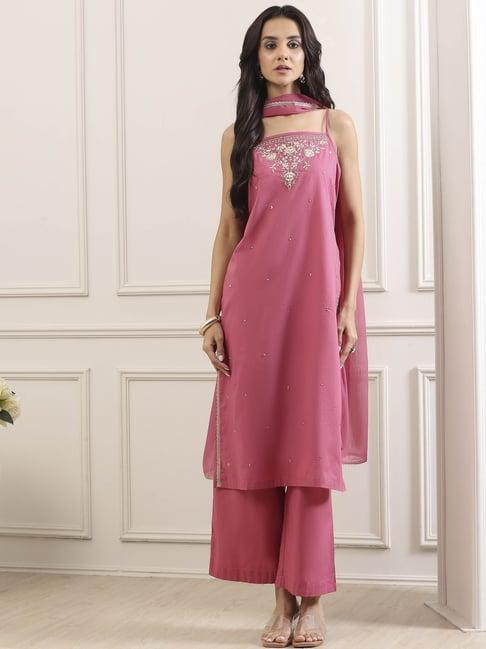 Biba Pink Cotton Kurta With Pants & Dupatta