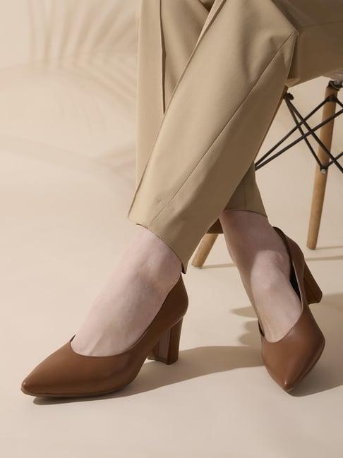 Womens Tan Work Solid Pointed Toe Block Heel Pumps