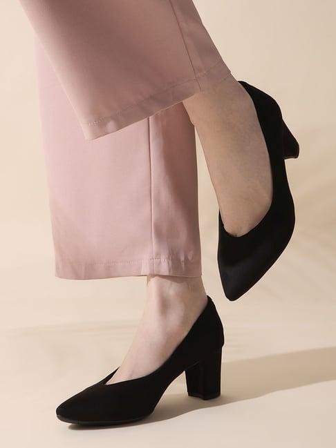 Womens Black Work Solid Pointed Toe Block Heel Pumps