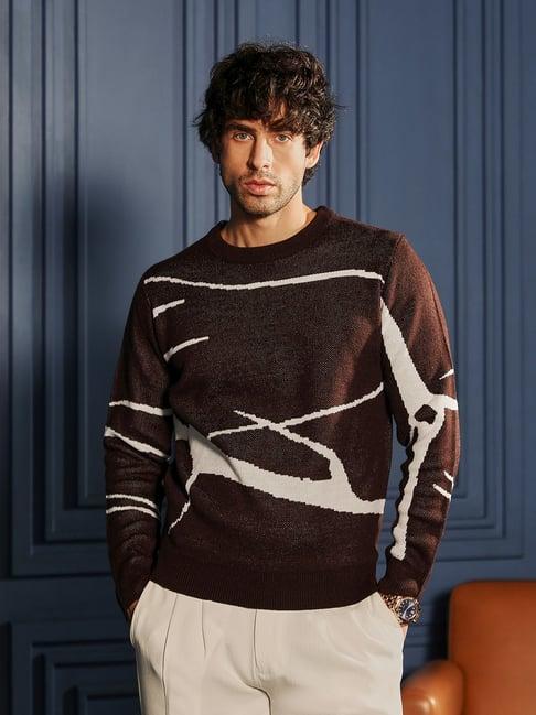 CAHOOT Coffee Brown Regular Fit Abstract Sweater