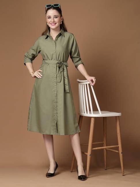 Style Quotient Solid Olive Smart Casual Shirt Dress