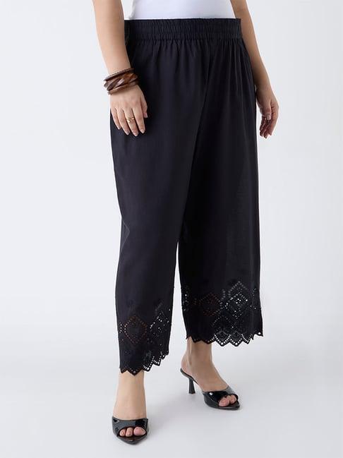 Diza by Westside Black Schiffli Detailed Cotton Pants