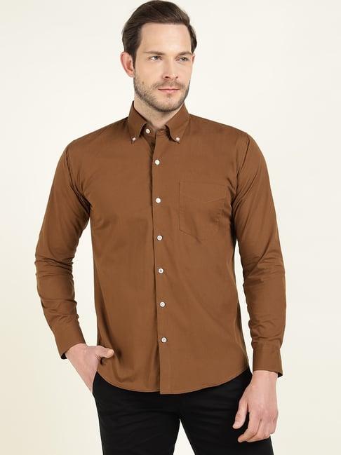 Hancock Men's Camel Brown Slim Fit Solid Casual Shirt
