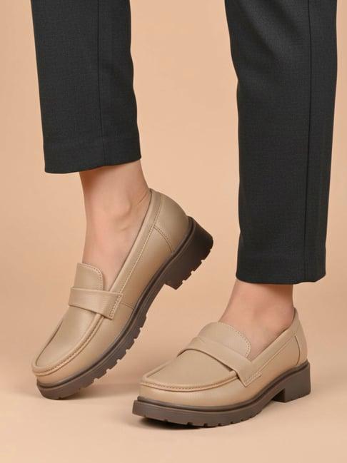 Womens Beige Work Solid Round Toe Loafers