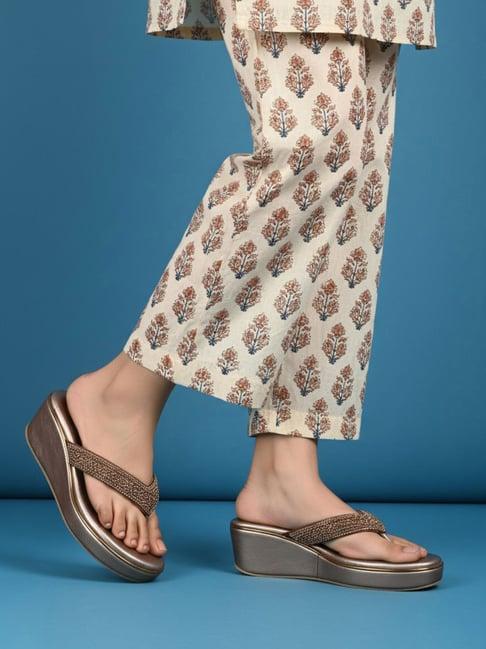 Womens Golden Ethnic Embellished Round Toe Wedge Heels