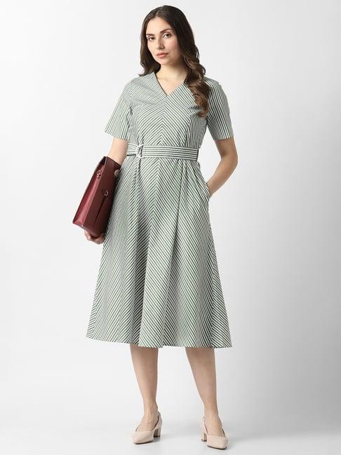 Van Heusen Green Striped Short Sleeves Dress