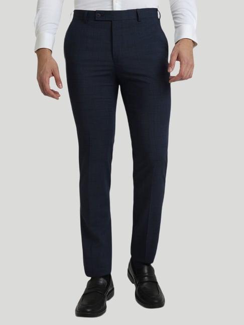 Park Avenue Dark Blue Relaxed Fit Checked Trousers