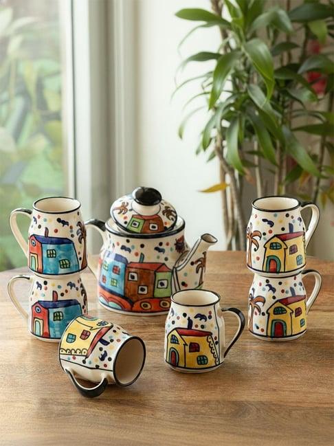 Exclusivelane Multicolor Ceramic Cups with Kettle
