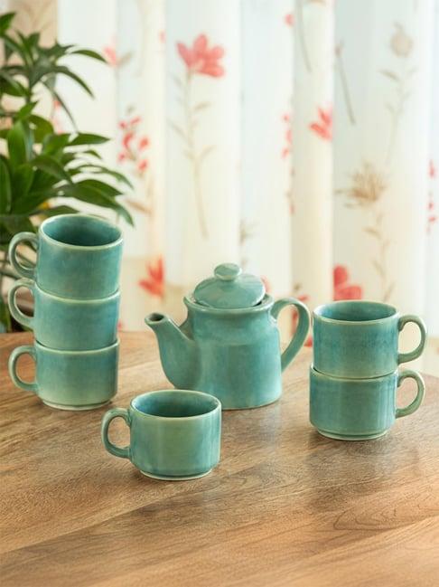Exclusivelane Green Ceramic Cups with Kettle