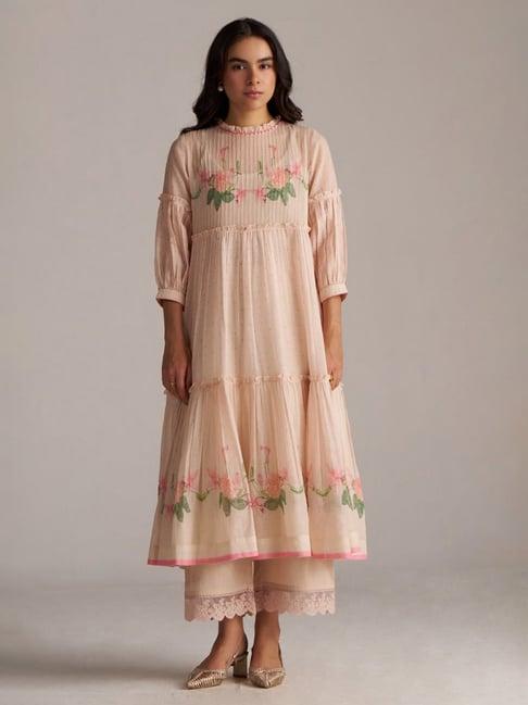 Ganga Fashions Peach Dust Floral Kurta with Pants Set
