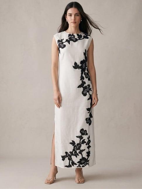 Outzidr Womens Off White Flared Fit Floral Maxi Dress