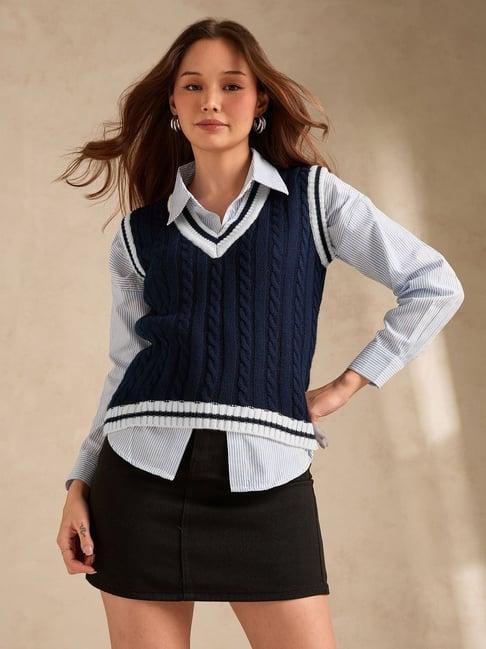 Outzidr Womens Navy Relaxed Fit Solid Sweater Vest