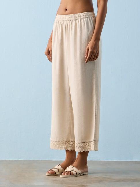 Utsa by Westside Beige Lace-Detailed Cotton-Blend Pants