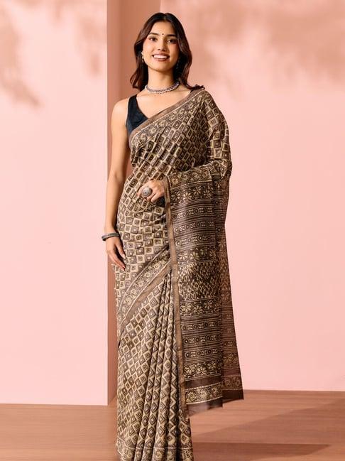 Taneira Beige Silk Ethnic Motifs Saree with Unstitched Blouse