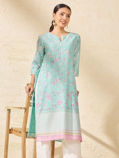 Taneira Light Blue Silk Floral Kurta
