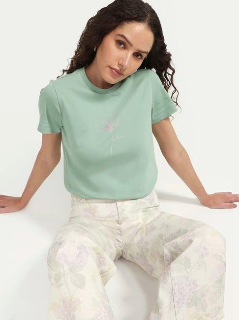 RAREISM Women's Zexer Light Green Cotton Crew Neck Pull-On Regular Printed T-Shirt