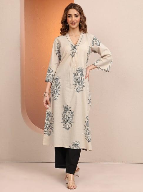Libas Off White Floral Motif Printed Straight Kurta with Pocket