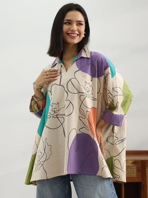 Libas Off White Abstract Kimono Sleeves A-Line Kurti