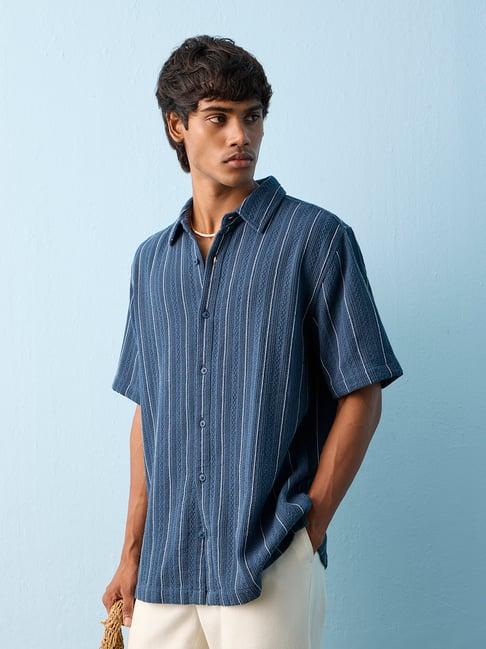 ETA by Westside Indigo Stripe Embroidered Relaxed-Fit Cotton Shirt