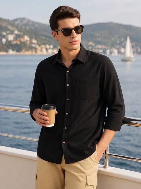 Thomas Scott Mens Black Regular Fit Textured Cotton Casual Shirt