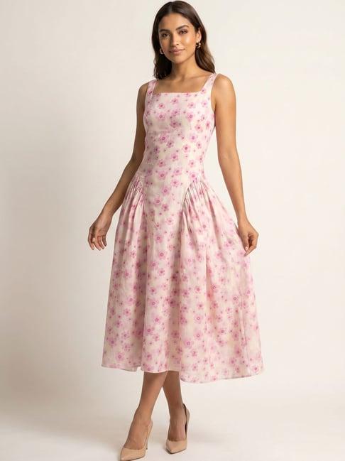 Moomaya Womens Pink Regular Fit Floral Cotton Midi Dress