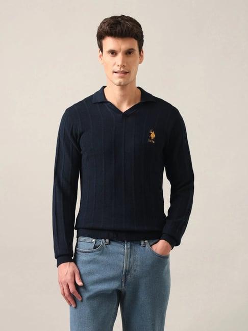U.S.Polo Assn. Navy Cotton Regular Fit Striped Sweater