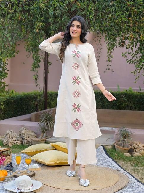Skylee Womens Beige Regular Fit Embroidered Cotton Kurta Trouser