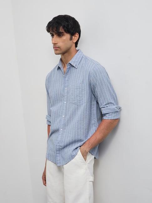 WES Casuals by Westside Dusty Blue Striped Relaxed-Fit Cotton Shirt