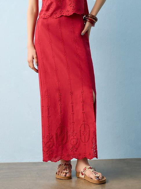 Bombay Paisley by Westside Red Embroidered High-Rise Cotton Skirt