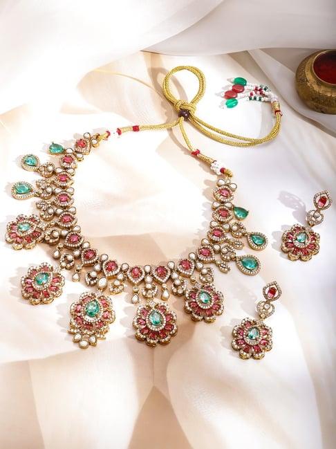Rubans 22K Gold-Plated Pastel Green & Ruby Pink Cubic Zirconia Necklace Set
