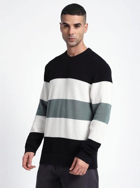 R&B Black Cotton Regular Fit Striped Sweater