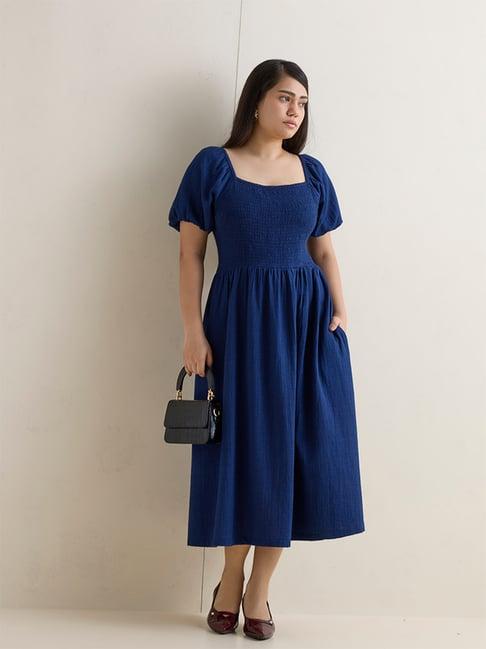 Gia by Westside Dark Blue Smocked Cotton A-Line Dress