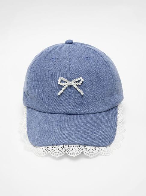Pantaloons Junior Denim Blue Pearl Bow Lace Trim Cap