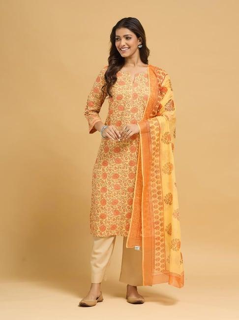 Fabindia Yellow Cotton Printed Kurta Dupatta Set