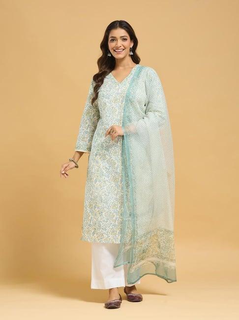 Fabindia White-Green Cotton Printed Kurta Dupatta Set