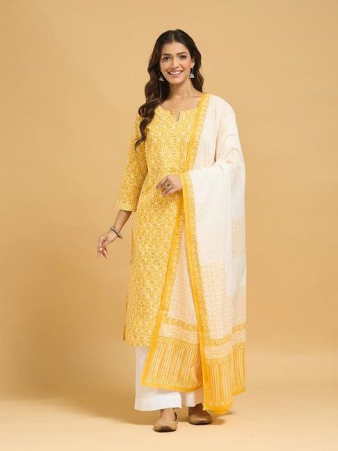 Fabindia Yellow Cotton Printed Kurta Dupatta Set