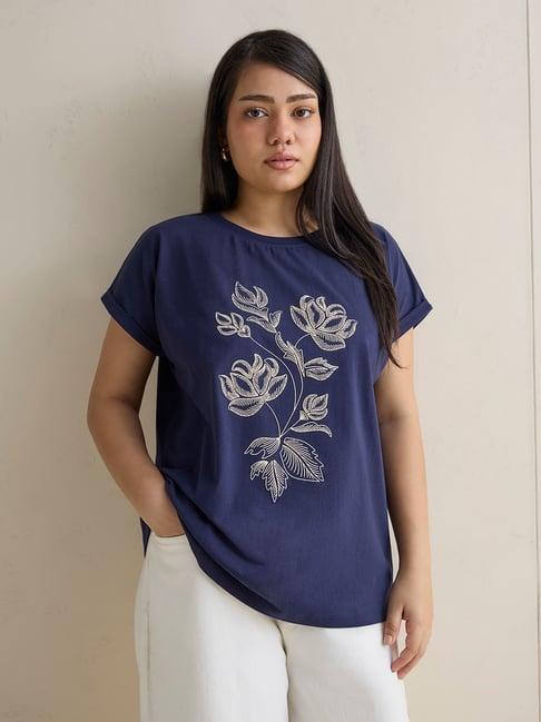 Gia by Westside Navy Floral Printed Cotton T-Shirt