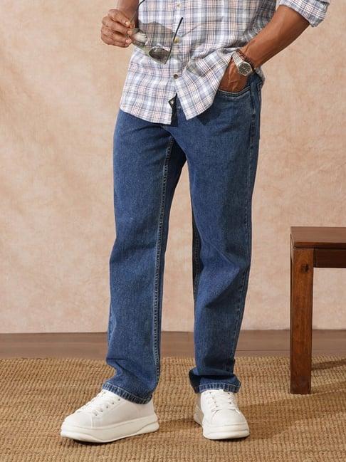 WROGN Mens Blue Relaxed Solid Jeans