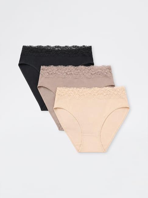 Wunderlove by Westside Black Lace-Detail Cotton-Blend Hi-Leg Briefs - Pack of 3