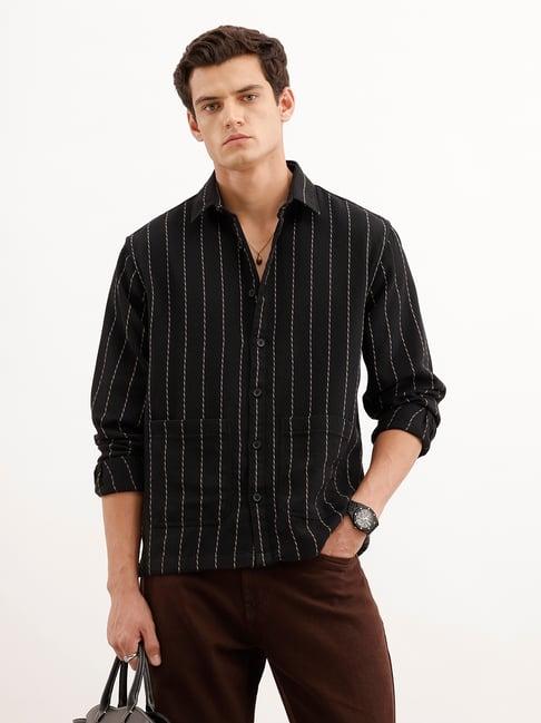 Wrogn Mens Black Relaxed Fit Striped Cotton Shirt