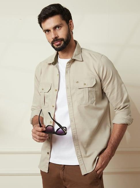Wrogn Mens Beige Regular Fit Solid Cotton Shirt
